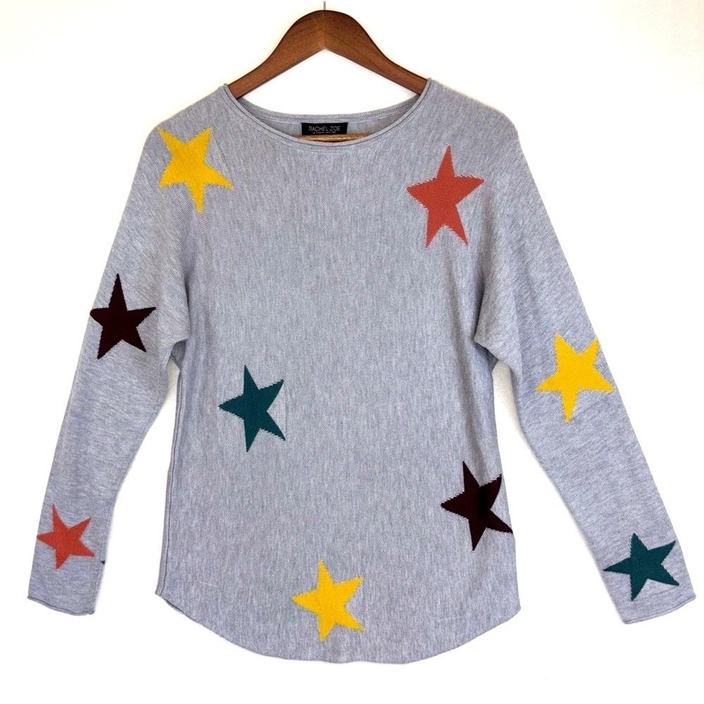 RACHEL ZOE Cashmere Star Sweater Long Sleeve Grey Bright Crew‎ Boat Neck Medium